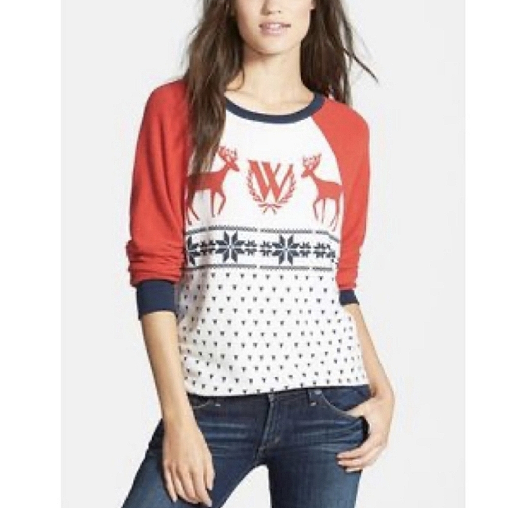 Wildfox Christmas Snow Babe Reindeer Fair Isle Raglan Sweatshirt XS